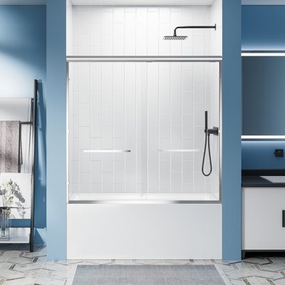 Cadre en aluminium 60 po x 57 po en verre trempé 1/4 po avec poignée anti-déflagrante à double porte coulissante en acier inoxydable, chrome