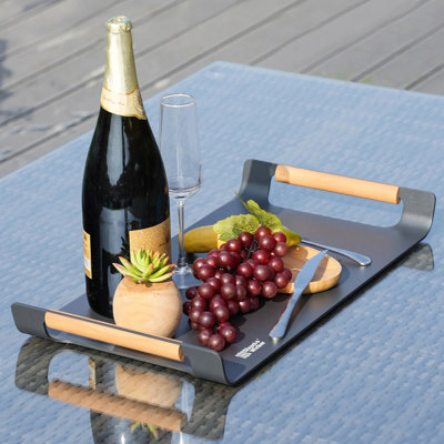 Grey Outdoor Patio Aluminum Serving Tray With Teak Handles, Weather-resistant Powder-coated Tray For Patio Garden Living Room