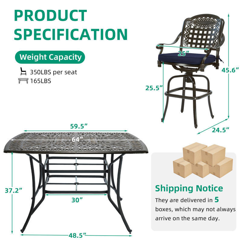 9-Piece Outdoor High Patio Dining Set, Free-Rust Cast Aluminum Patio Bar Table And Chairs Set With 8 Swivel Bar Stools & 63.98" Bar Height Dining Table, Umbrella Hole For Backyard, Lawn, Garden