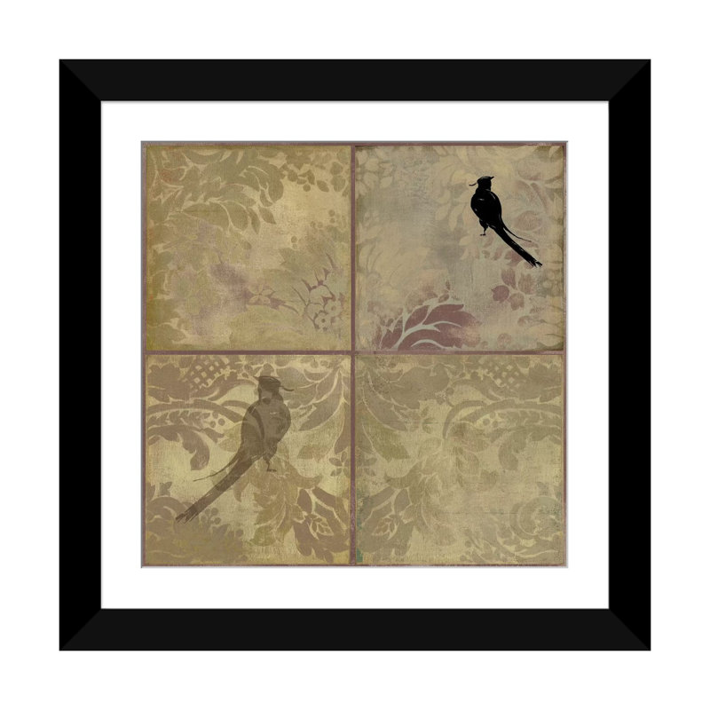 «Damask Birds», reproduction sur toile, H 16 po x l 16 po x P 1 po, Papier beaux-arts encadré noir, Blanc