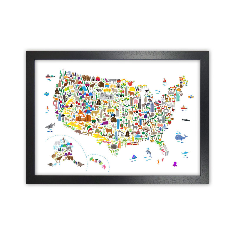 Animal Map Of United States Nursery by Michael Tompsett - Print, Black Framed, 34cm H x 46cm W x 3cm D