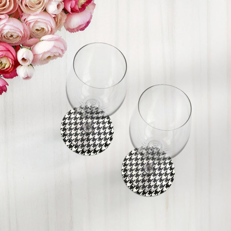 Houndstooth Black White Vegan Leather Round Coasters, Black White