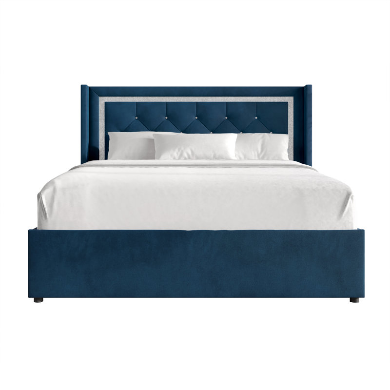 LIT DE RANGEMENT DE GRANDE PLATE-FORME WINGBACK RELEVÉ EN VELOURS BLEU MARINE, Bleu marine, Grand lit