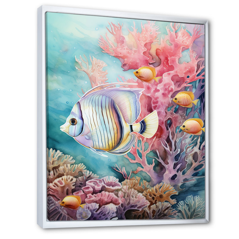 «Beautiful Pink and Blue Butterflyfish I», reproduction sur toile, H 40 po x l 30 po, Encadrement doré