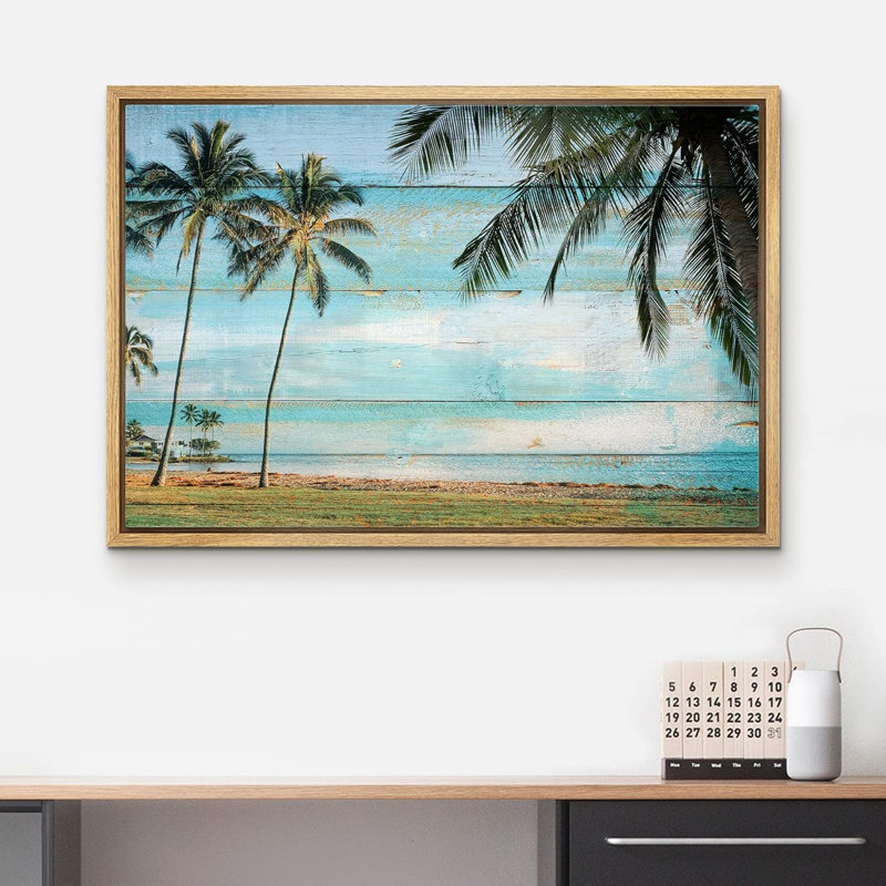 Bord de mer bord de mer effet palmier tropical ciel numérique moderne Art déco floral, Cadre naturel flottant