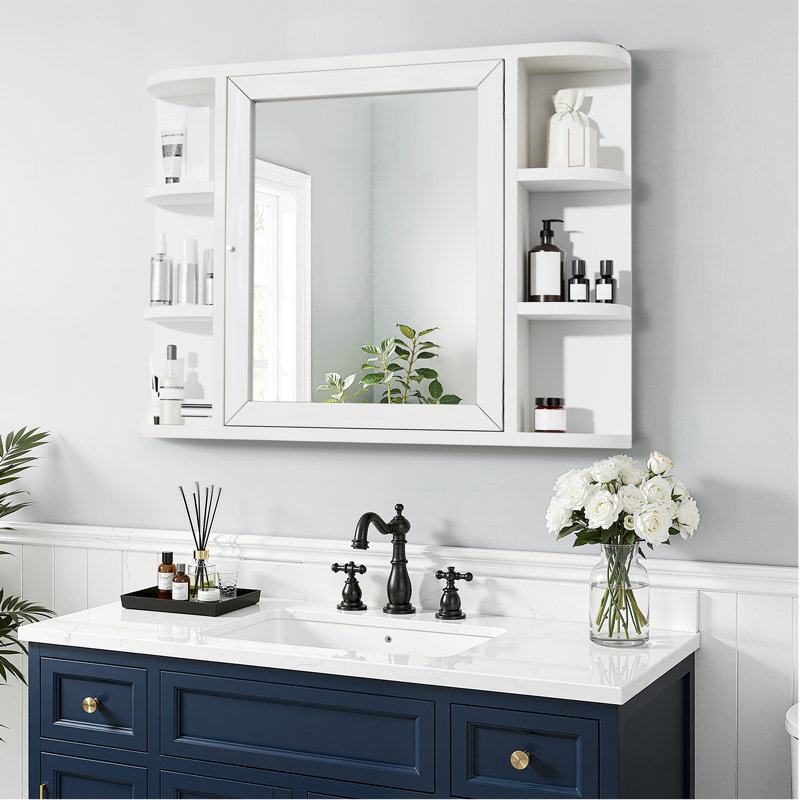 White Wooden Surface Mount Medicine Cabinet with Mirror Adjustable Shelves