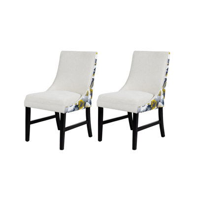 2 PCS High Back Dining Chair with Solid Rubber Legs and Floral-Patterned Back (Beige)
