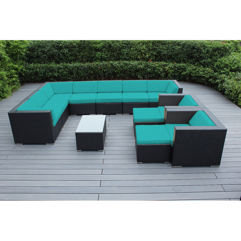 Ensemble de conversation en osier 8 personnes avec coussins Konen Wicker, Noir, Toile Aruba Sunbrella®