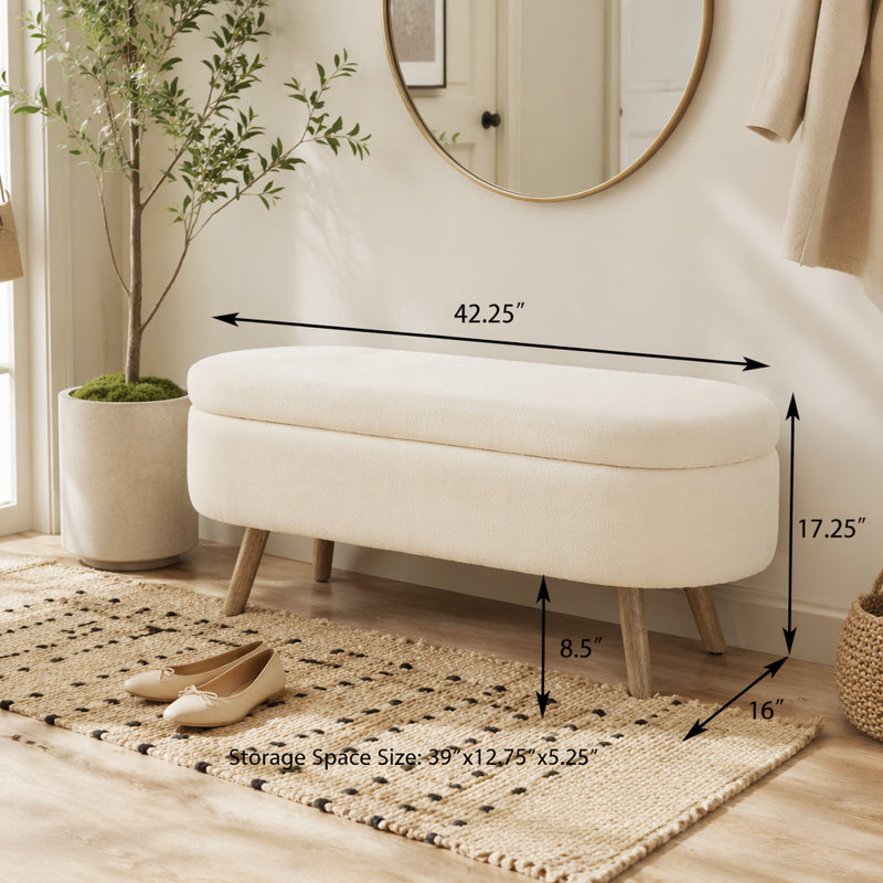 Banc de rangement avec repose-pieds ovale, Ivoire ivoire