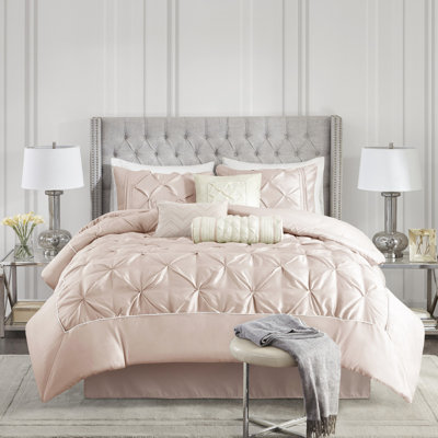 Ensemble de literie 7 pièces Blush - superbe édredon 100%, taies décoratives, coussins décoratifs, jupe de lit, édredon facile à entretenir, style élégant, élimination des plis 1 2 3 par repassage à la vapeur