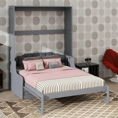 Grand lit escamotable mural avec coussin, cadre de lit pliable en bois convertible en canapé
