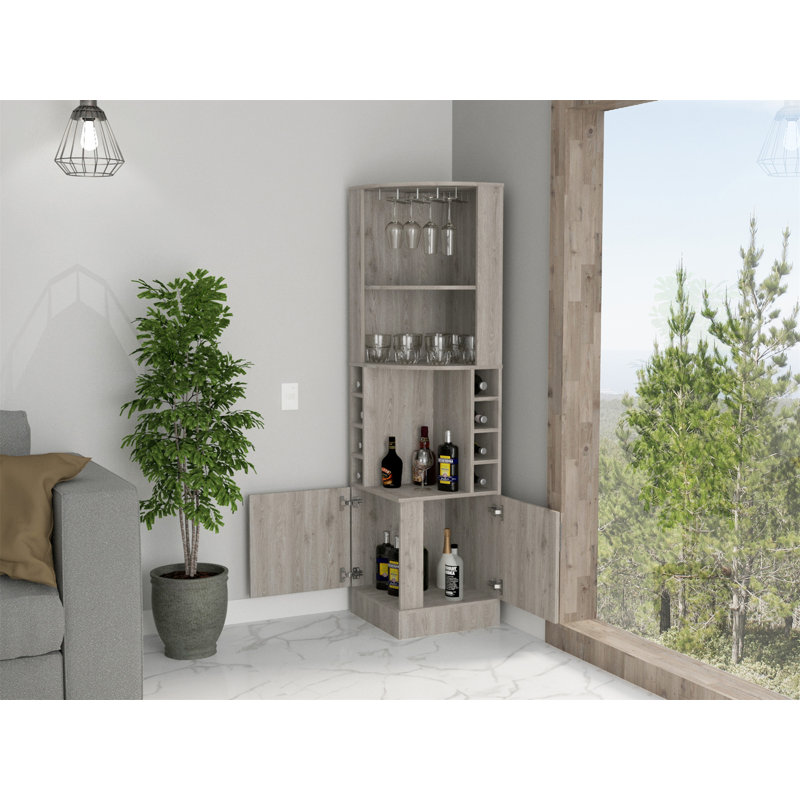 Syrah Corner Bar Cabinet with Two Doors, Three Open Shelves and Bottle Racks, Light Gray