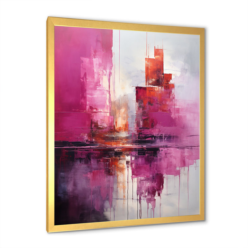 Horizons de gratte-ciel fuchsia, Cadre doré simple, H 32 po x l 16 po x P 1 po