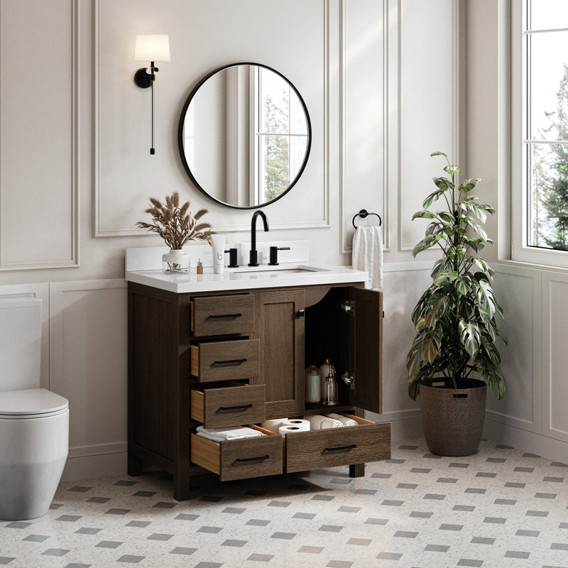 Ensemble de meuble-lavabo simple 37 po Grevera, Quartz blanc pur, Chêne brun