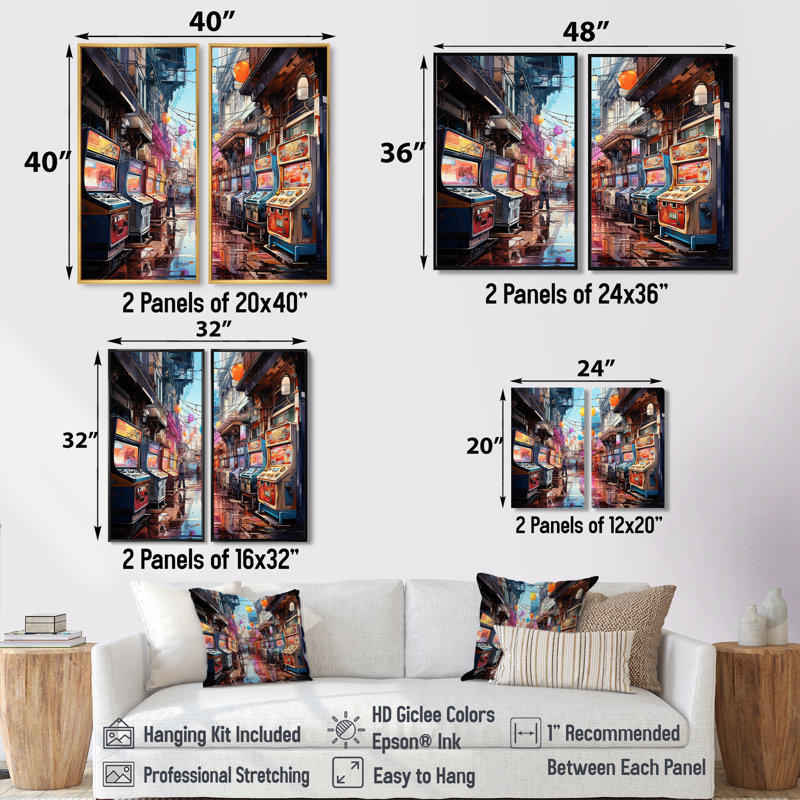 Rêves d'arcade de jeux vidéo colorés - impressions d'art moderne sur toile à 2 panneaux, H 36 po x l 48 po, Noir