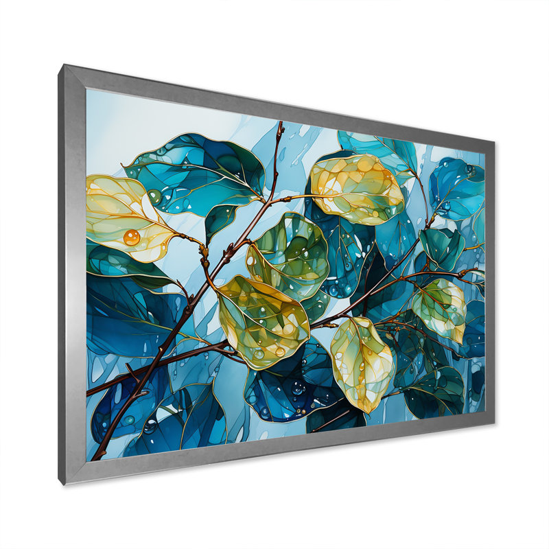 Feuilles charmantes, harmonie liquide sur toile, Cadre simple argenté, H 24 po x l 32 po x P 1 po