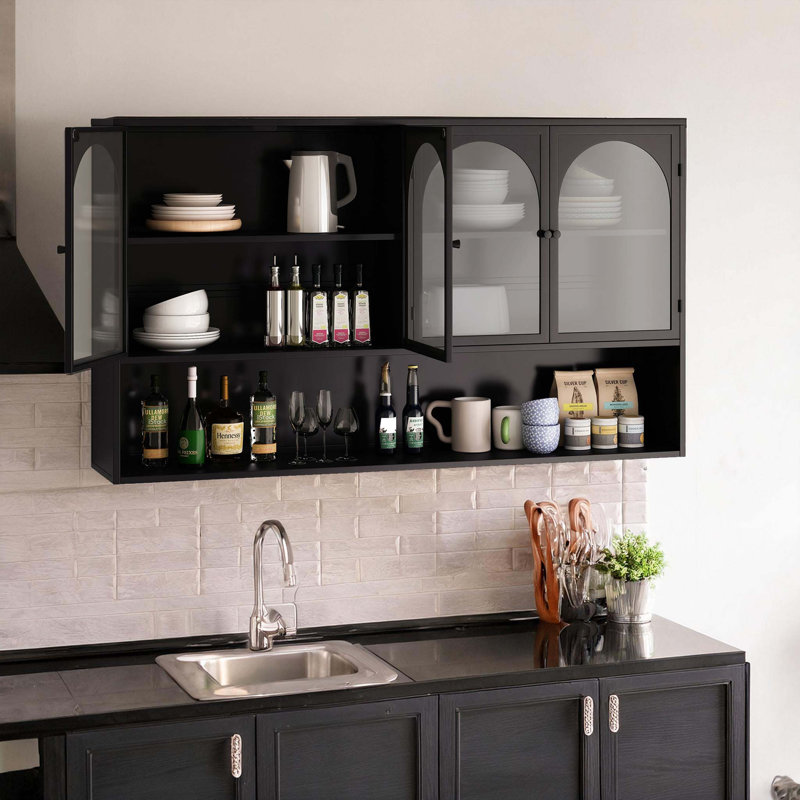 47.25" Four-Door Glass Wall Cabinet Storage, Black