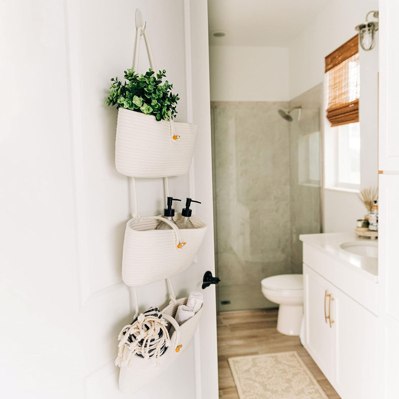 Hemp Wall Organizer with Wall Baskets, White