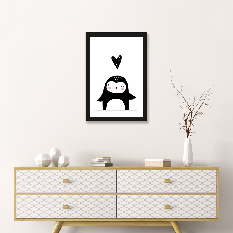 Pingouin avec cœur - impression d'art graphique, H 24 po x l 16 po x P 1 po, Papier encadré noir, Blanc