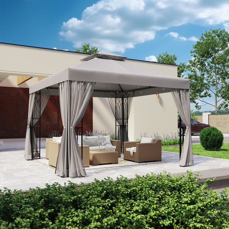 Gray 10x10 Steel Patio Gazebo with Mesh Curtains