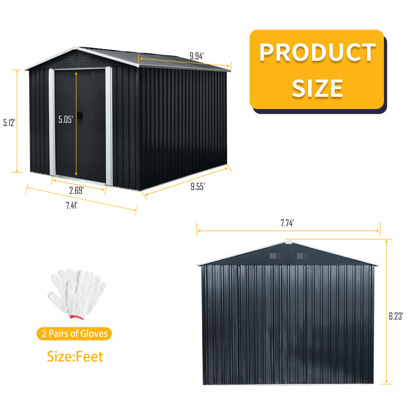 8Ft X 10Ft Black Metal Outdoor Shed - Galvanized Iron Build, Four Punched Vents, Padlockable Sliding Doors, Uncomplicated Assembly Steps Storage In Structure, Vents For Adequate Ventilation, Doors