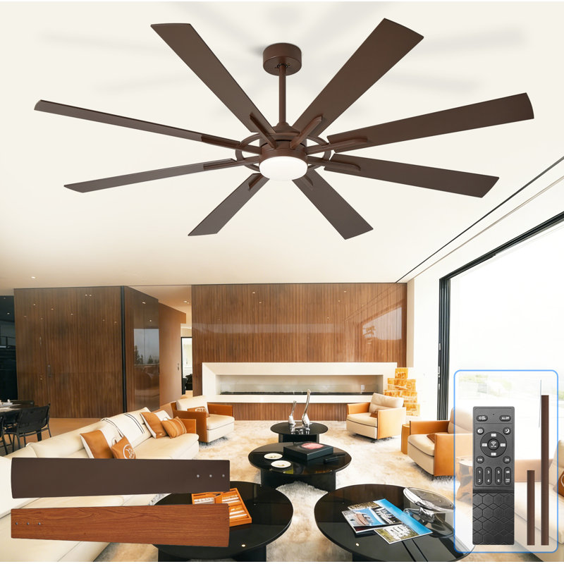 Ventilateur de plafond de 168 cm avec éclairage, style moderne, 8 pales, finition noyer et bois, pour intérieur et extérieur, avec télécommande, éclairage à intensité variable, moteur CC silencieux et réversible, minuterie à 6 vitesses.