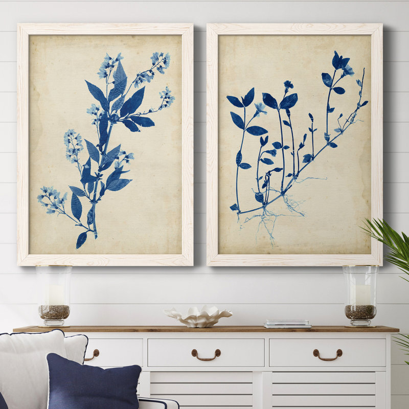 " Indigo Leaf Study I " 2 - Pieces, 27.5" H x 37.5" W x 1" D, White Framed, No Mat