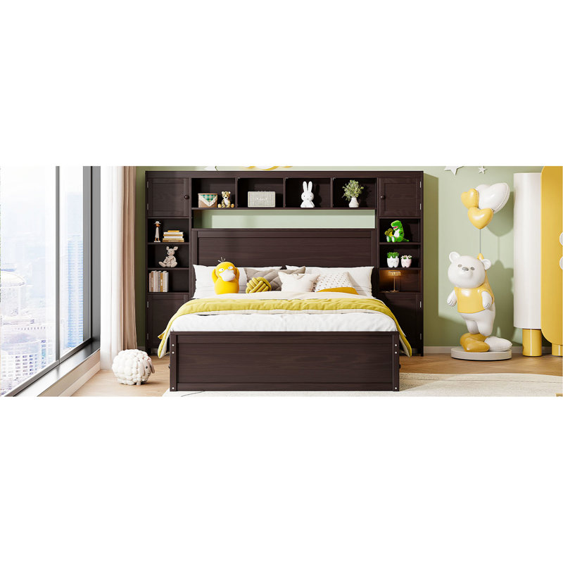 Grand lit avec structure et accents en bois massif - Armoire intégrée, support de tablette