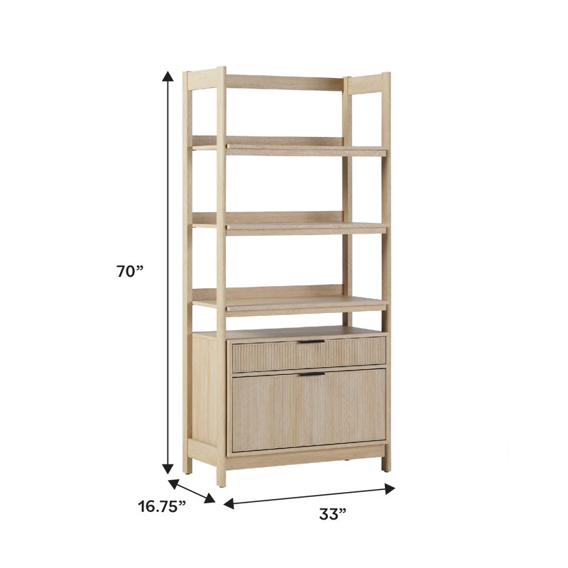 Jorah 70" H x 33" W Reeded Bookcase with Lower 2-Drawer Storage, Coastal Oak
