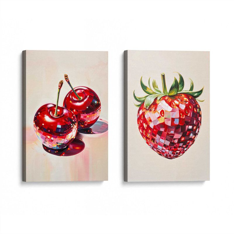 Ensemble de 2 cerises disco et fraises, H 18 po x l 24 po, Toile tendue