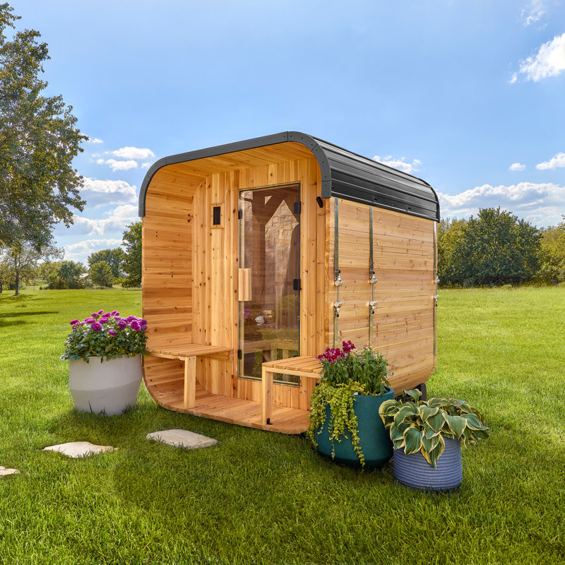 Backyard Discovery Lennon 2-4 Person Traditional Cedar Outdoor Cube Sauna with Porch,  9kW Electric Heater, Wi-Fi Control, LED Lights