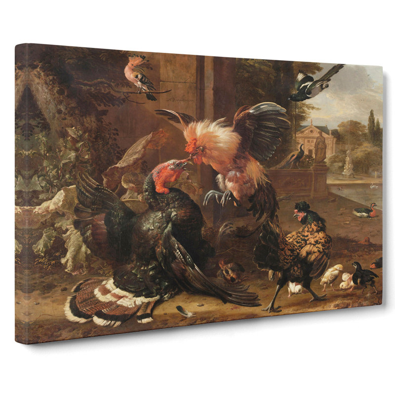 Rooster And Turkey Fighting by Melchior D'Hondecoeter - Wrapped Canvas Painting, 40cm H x 60cm W x 3cm D