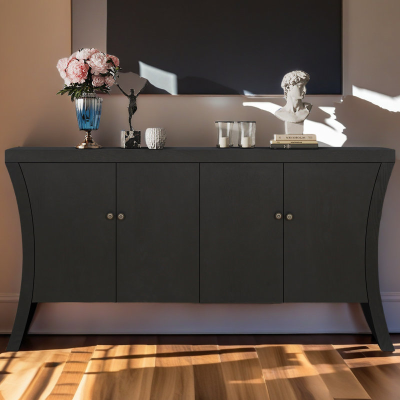 Refined Industrial 4-Door Credenza With Wooden Arc Legs & Bronze Clasps – Advanced Storage Design, Solid Craftsmanship, Black