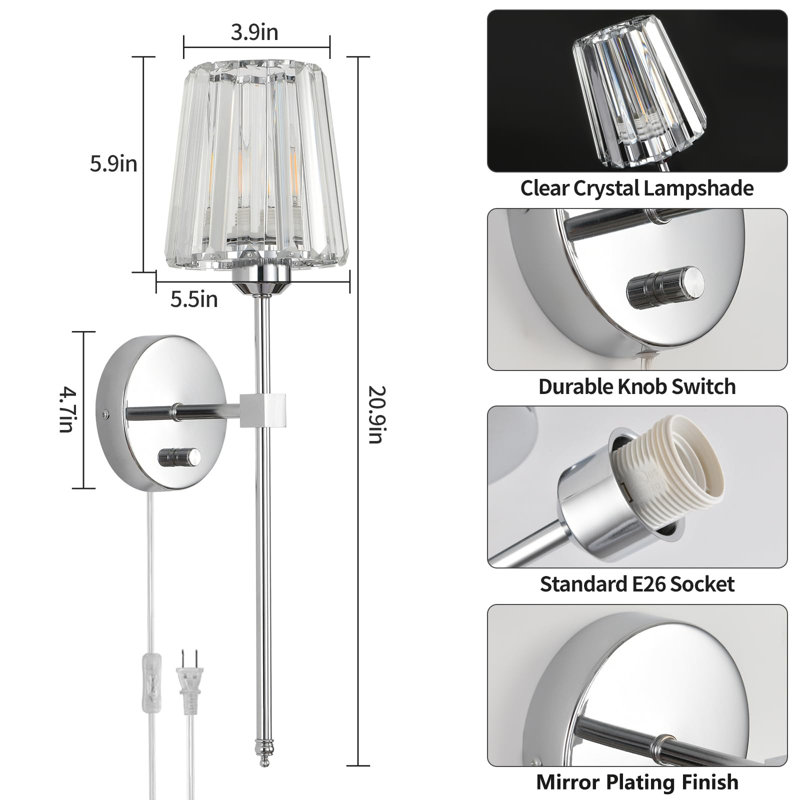 Set of 2 Crystal Wall Sconces, Dimmable Plug-in Wall Lights with Crystal Shade, Chrome