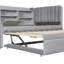 Lit de jour simple en tissu d'ameublement gris avec lit gigogne, rangement rabattable, ports multifonctionnels pour les chambres d'amis, espace peu encombrant avec tablettes ouvertes, station de recharge et décor de rangement