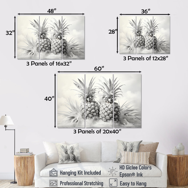 Pineapples Charm In Fog - Ensemble de décorations murales ananas, H 28 po x l 36 po