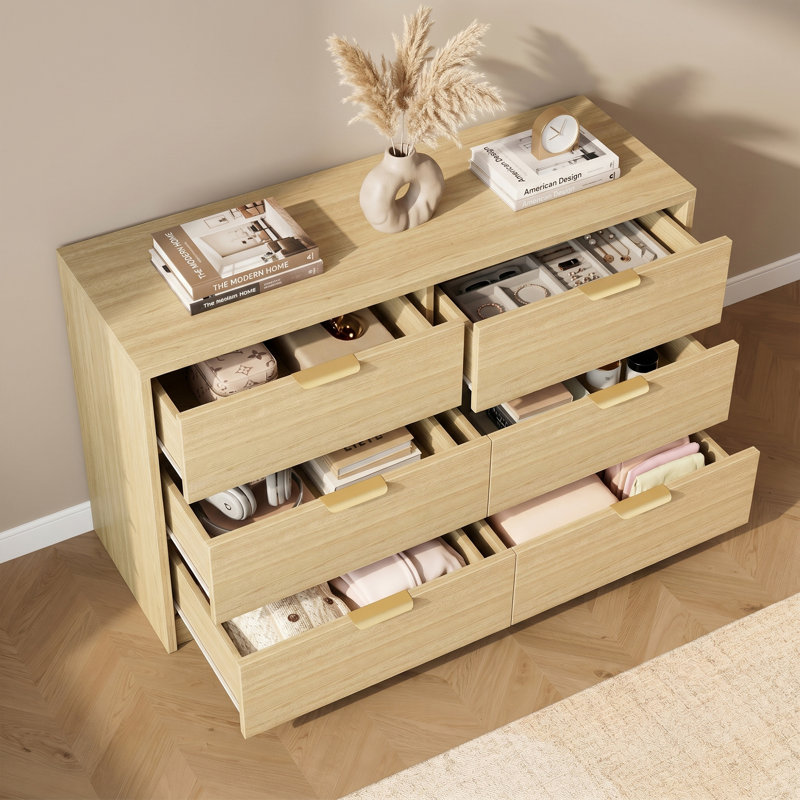 Six-Drawer Double-Row Chest of Drawers, Modern Style White Textured Chest, Natural wood