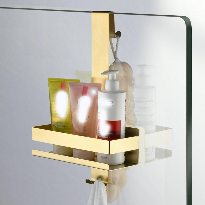 No Drilling Shower Caddy Hanging Over Door Shower Organiser Stainless Steel with Hooks Gold
