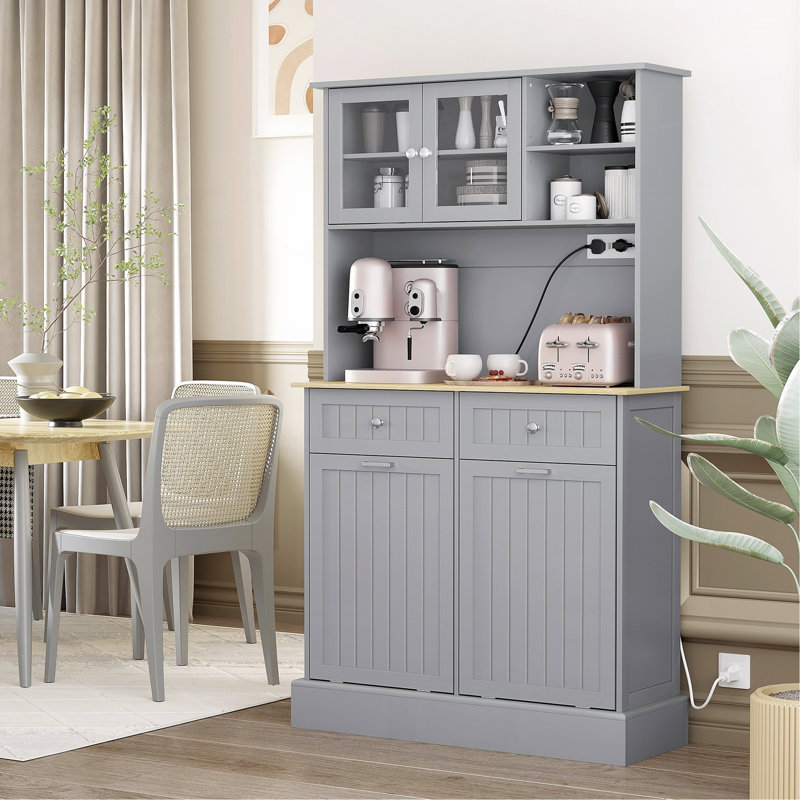 Armoire de rangement pour garde-manger 68 po avec station de charge, 2 armoires à ordures inclinables et support pour micro-ondes, huche de cuisine autoportante avec portes en verre et tablette réglable, gris