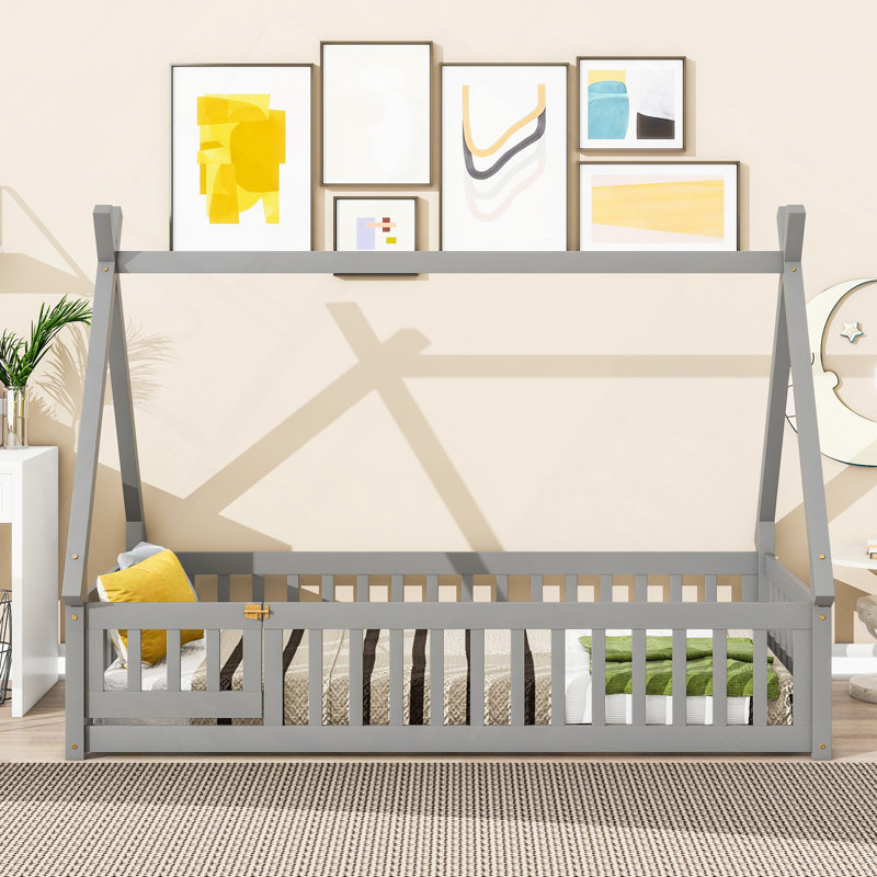 Lit de sol en forme de tente, avec garde-corps, lattes, porte, Gris, Lit simple