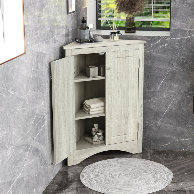 Oak Triangle Corner Storage Cabinet, Adjustable Shelves, High - Quality , Brushed Nickle, Light Gray