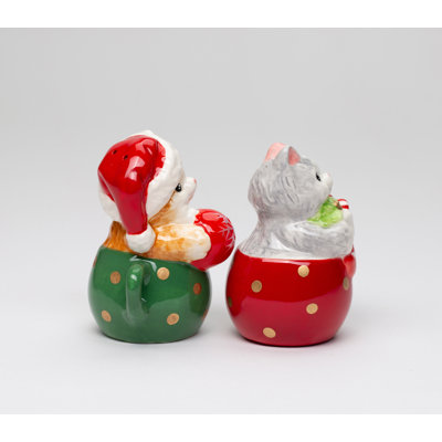 Christmas Cat In Teacup Salt And Pepper