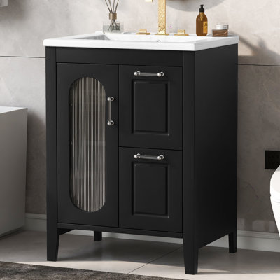 Meuble-lavabo 24 po avec lavabo, bois massif et noir, deux tiroirs, tablette ajustable, porte vitrée, lavabo en céramique, autoportant, finition peinte, base noire simple de 24 po, verre, moderne