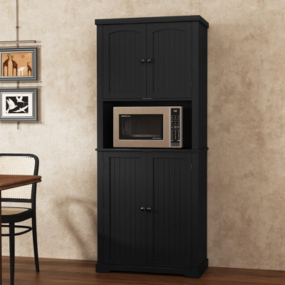 Farmhouse Kitchen Pantry with Open Shelves & Microwave Compartment | Tall Storage Cabinet with Adjustable Shelves by Lark Manor
