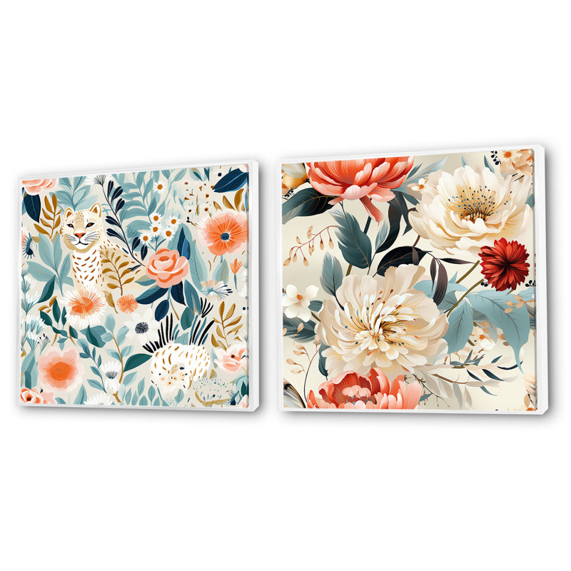 Eaubonne - Ensemble de 2 collages carrés floraux, Cadre flottant blanc, H 30 po x l 61 po