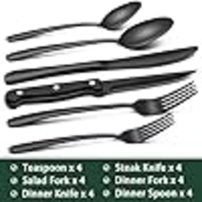 Ensemble de couverts noirs robustes, ensemble de couverts en acier inoxydable 24 pièces avec couteaux à steak pour 4 personnes, ensemble de couverts de qualité alimentaire, ensembles d'ustensiles pour la maison, finition miroir, va au lave-vaisselle