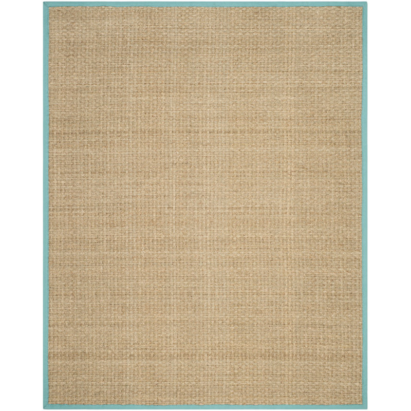 Auckland Bamboo Slat/Seagrass Natural/Teal Area Rug, Rectangle 9' x 12'