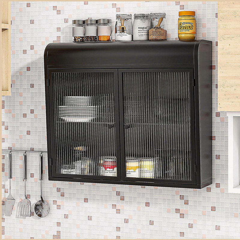 Armoire de rangement murale en métal à 2 portes avec portes et tablettes en verre trempé pour la salle de bain, la cuisine et le salon