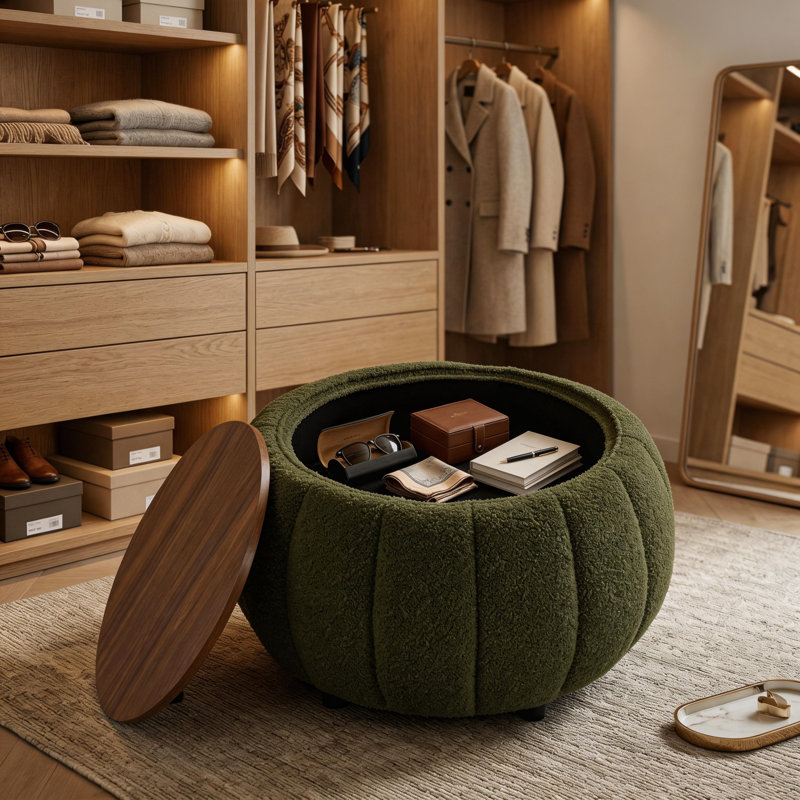 Grand repose-pieds rond avec rangement de 30 pouces, table basse moderne avec repose-pieds rembourré, plateau en bois, surface en tissu doux pour le salon, la chambre à coucher, forme de citrouille, vert