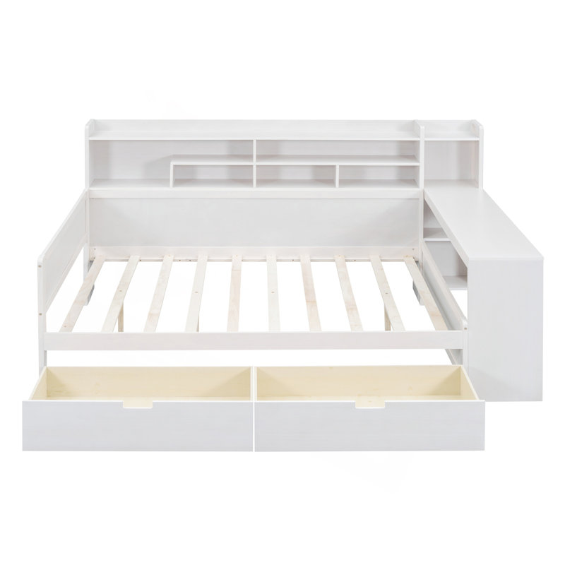 Lit de jour double en bois avec tablettes de rangement, lit multifonctionnel avec deux tiroirs de rangement et bureau d'étude, blanc antique